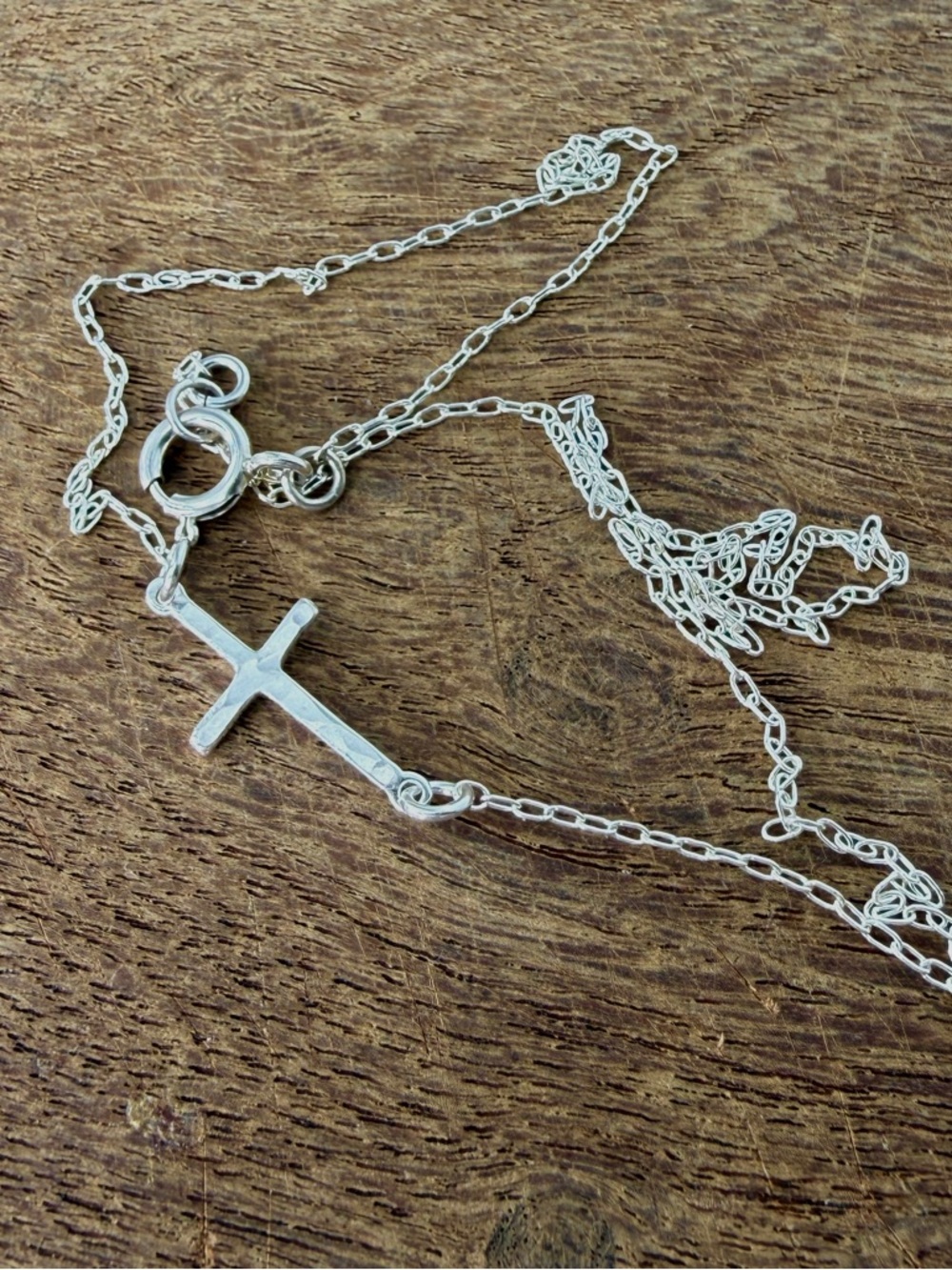 Hammered Cross Necklace, Sterling Silver Chain Layering Necklace